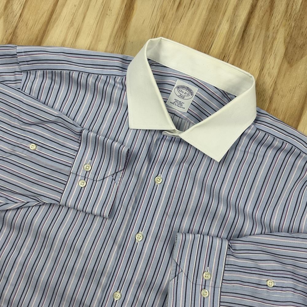 Brooks Brothers 346 Men's Shirt 17.5 32/33 Blue Stripe Regular Fit Non Iron